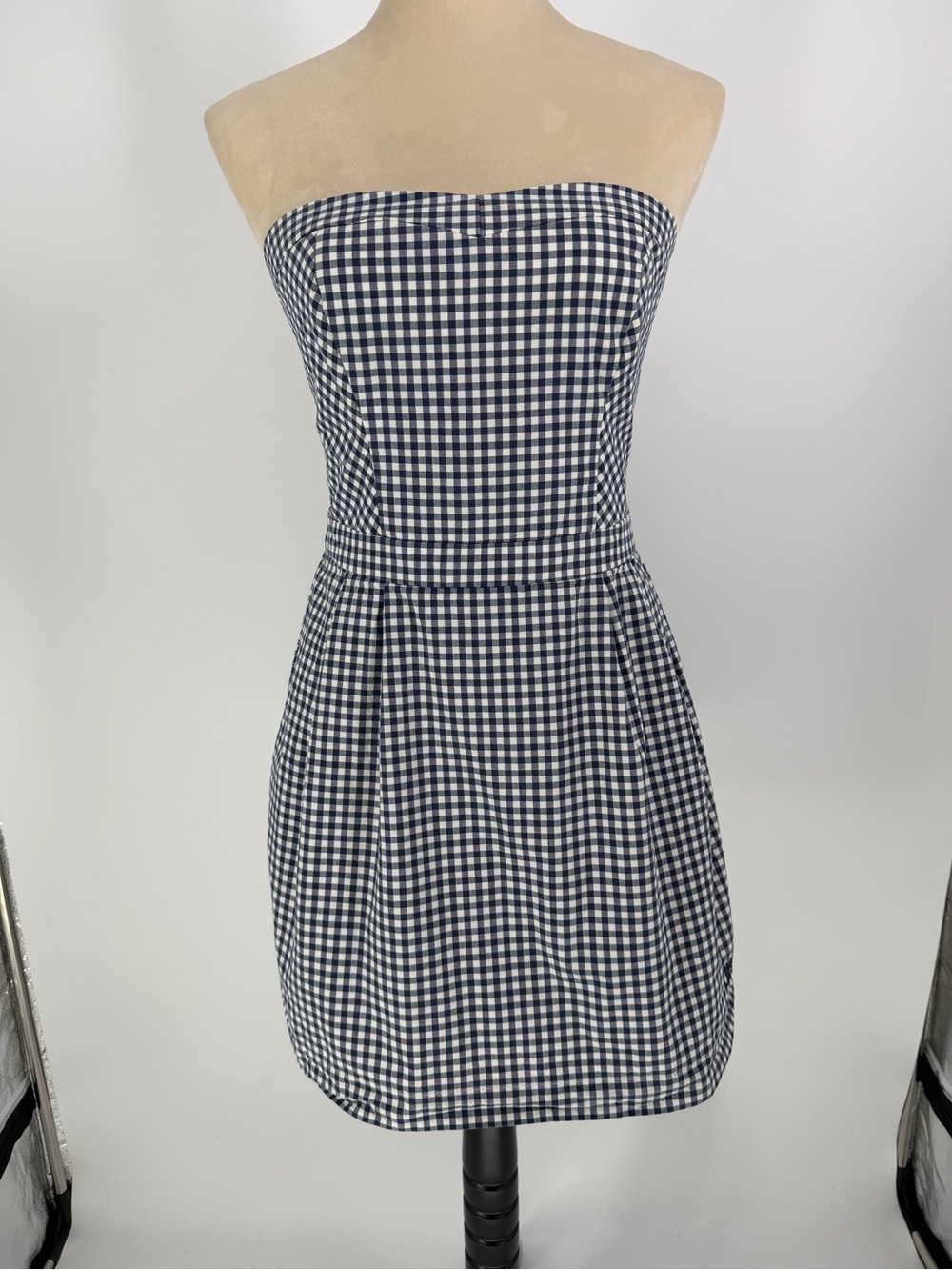 Navy Blue and White Checkered Gingham Strapless Fit & Flare A-Line Mini Dress